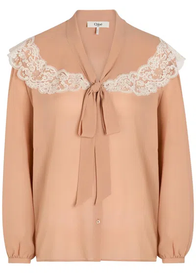 Chloé Chloe Lace-trim Silk-georgette Blouse In Neutral