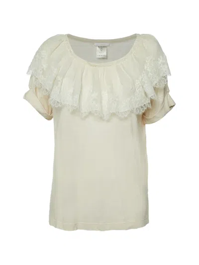 Pre-owned Chloé Lace-trimmed Knit T-shirt In Neutral