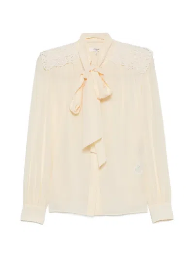Chloé Lace-trimmed Pussy-bow Blouse In Neutral
