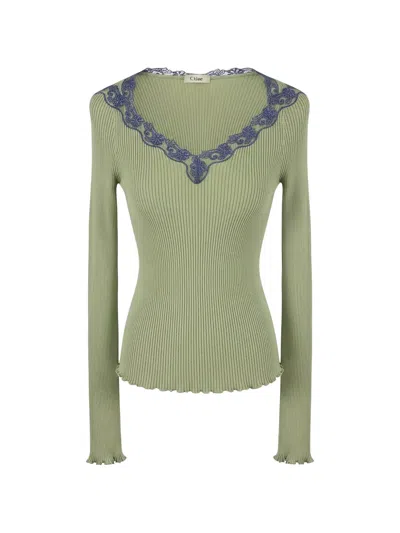 Chloé Lace-trimmed Ribbed T-shirt In Green