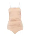 Chloé Lace Trim Ruched Bodysuit Slim Straps In Brown