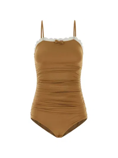 Chloé Lace-trimmed Ruched Bodysuit In Brown