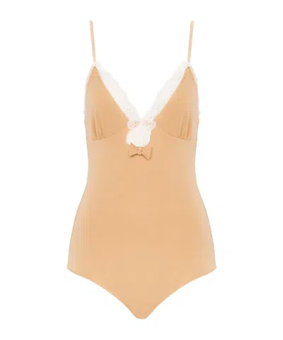 Chloé Bow-detailed Lace-trimmed Stretch-jersey Bodysuit In Neutral
