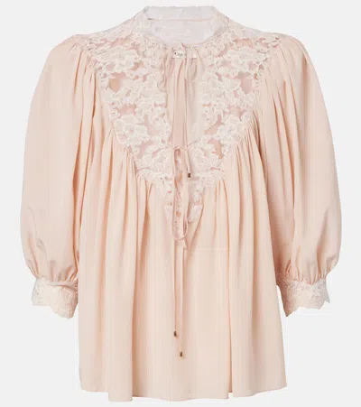 Chloé Lace-trimmed Silk Crêpe De Chine Blouse In Neutral