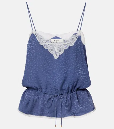 Chloé Lace-trimmed Silk Jacquard Camisole In Blue
