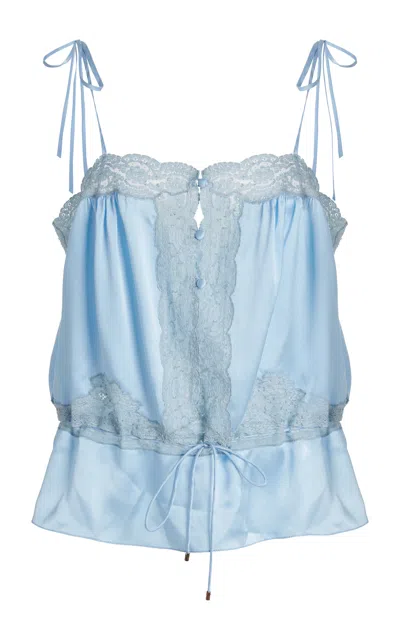 Chloé Lace-trimmed Silk Satin Top In Blue