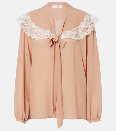 Chloé Chloe Lace-trim Silk-georgette Blouse In Neutral