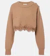 Chloé Pullover Corto Con Collo A Lupetto In Maglia Di Lana E Cashmere Con Pizzo In Brown