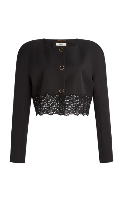 Chloé Lace Trim Crop Wool Grain De Poudre Jacket In Black