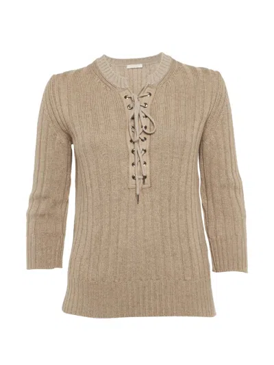 Pre-owned Chloé Lace-up Ribbed Long Sleeve Sweater In Neutral