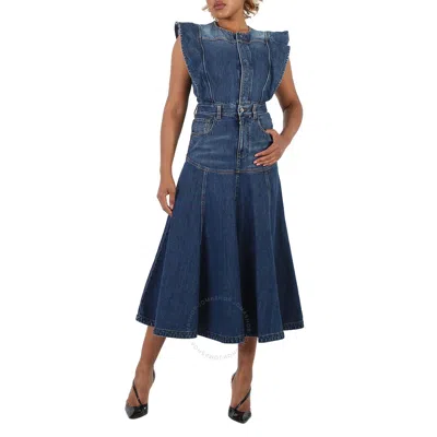 Chloé Chloe Ladies Dusky Blue Ruffled Pleated Denim Dress