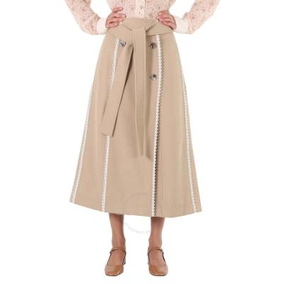 Chloé Chloe Ladies Pearl Beige Scallop-trim Belted Trench Skirt In Brown