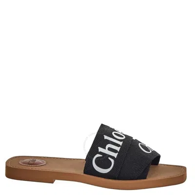CHLOÉ CHLOE WOODY LINEN LOGO FLAT MULES