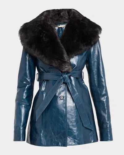 Chloé Lamb Shearling Collar Shiny Leather Short Wrap Coat In Blue