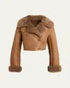 Chloé Cropped Shearling-trimmed Leather Jacket In Brown