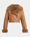 Chloé Lamb Shearling Crop Moto Jacket In Brown