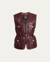 Chloé Leather Belted Waist Sleeveless Jacket In Burgundy
