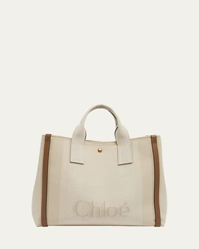 Chloé Large Carry Tote Bag In Jacquard Canvas In Vegetal Beige