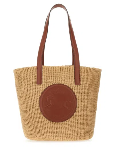 Chloé Horse Medal Beige Shopper With Flat Handles And Logo Patch On The Front In Straw Woman In Nude