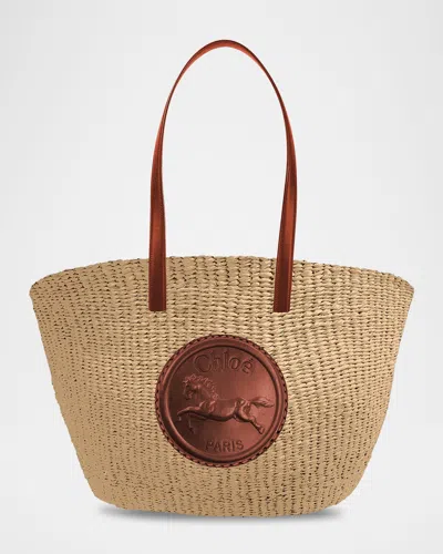 CHLOÉ LARGE HORSE MEDAL BASKET TOTE BAG IN PAPER AND LEATHER