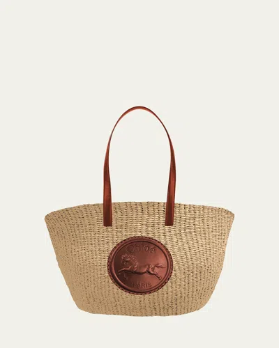 Chloé Large Horse Medal Basket Tote Bag In Paper And Leather In Sepia Brown