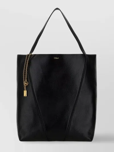 Chloé Large Leather Shopping Bag With Metal Charm In Black