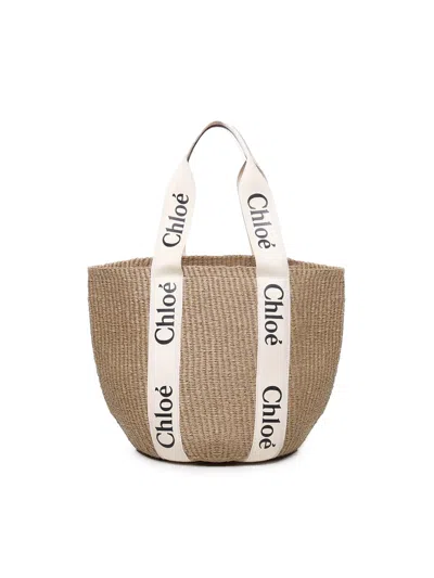 Chloé Large Woody Basket Bag In Natural Fibers In White