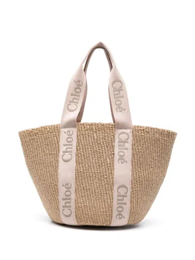 Chloé Large Woody Basket Bag In Paper And Calfskin Beige In Neutral