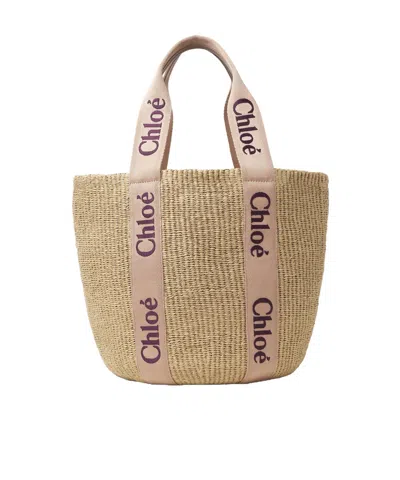 Chloé Large Woody Basket In Natural Fibers In Tan Rose