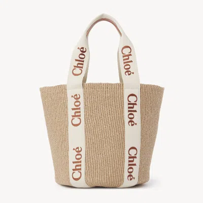 Chloé Large Woody Basket In Natural Fibers Orange Size Onesize 100% Paper, Calf-skin Leather
