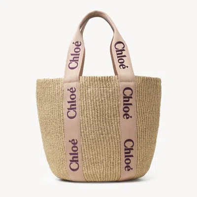 Chloé Large Woody Basket In Natural Fibres Pink Size Onesize 100% Paper