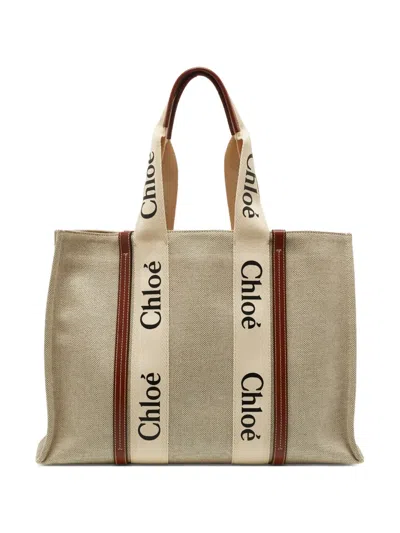 Pre-owned Chloé Large Woody Canvas Logo Tote Bag In Neutral