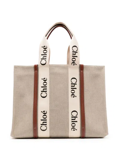 Chloé Large Woody Cotton Tote Bag In Neutrals