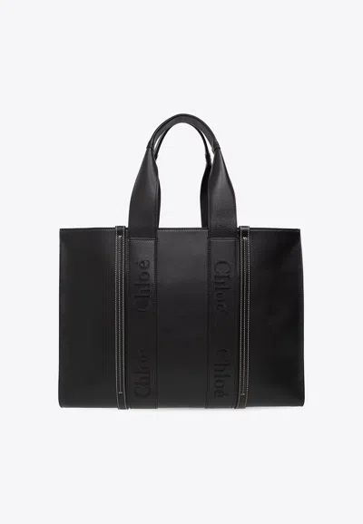 Chloé Large Woody Leather Tote Bag In Black
