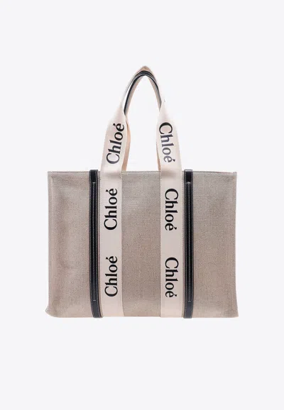 Chloé Large Woody Linen And Leather Tote Bag