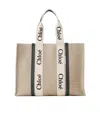 Chloé Large Woody Tote Bag In Linen White Size Onesize 100% Linen, Calf-skin Leather, Polyester In Nude
