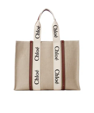 Chloé Large Woody Linen Handbag In Nude