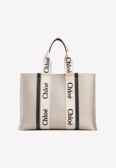 Chloé Large Woody Logo Tote Bag In White