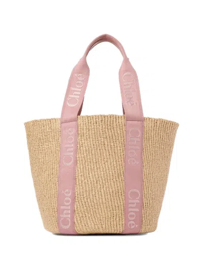 Chloé Large Woody Logo-embroidered Tote Bag In Nude