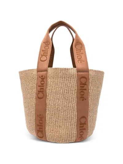 Chloé Large Woody Raffia Logo Tote Bag In Neutral
