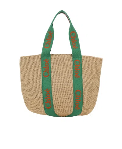 Chloé Large Woody Raffia Tote Bag In Nude