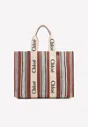 Chloé Large Woody Stripe Tote Bag In Brown