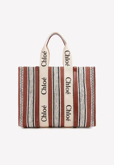 Chloé Large Woody Stripe Tote Bag In Brown