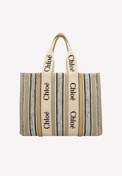 Chloé Medium Woody Stripe Tote Bag In Tan