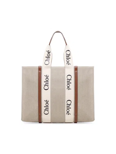 CHLOÉ LARGE WOODY TOTE BAG IN LINEN