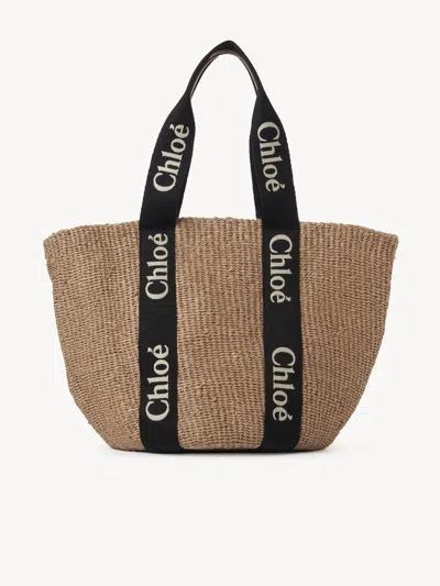 Chloé Large Panier Woody En Fibres Naturelles Femme Noir Taille Onesize 100% Papier, Cuir De Veau