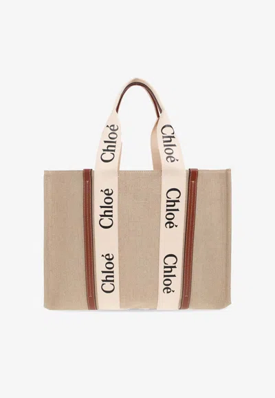 Chloé Large Woody Tote Bag In Sand