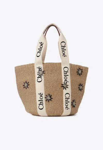 Chloé Large Woody Woven Tote Bag In Beige