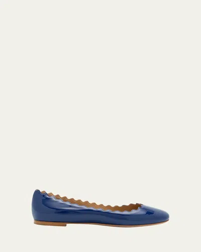 Chloé Lauren Patent Leather Scalloped Ballet Flats In Deep Navy