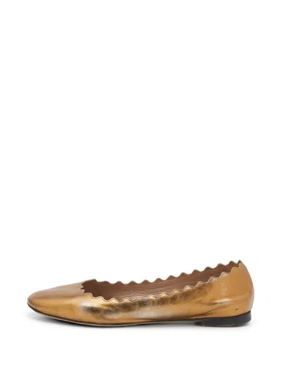Pre-owned Chloé Lauren Scalloped Leather Ballet Flats In Gold